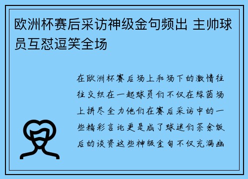 欧洲杯赛后采访神级金句频出 主帅球员互怼逗笑全场